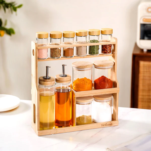 Glass Spice Jars Set of 7 With Wooden Storage Rack
