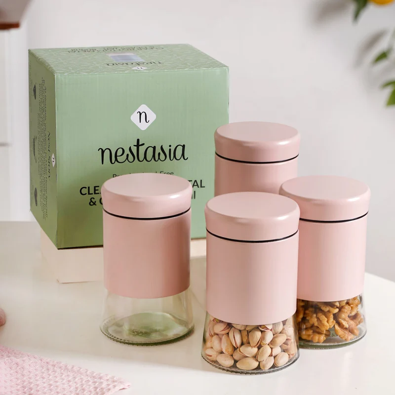 Winnie Set Of 4 Metal And Glass Container Jars 800ml